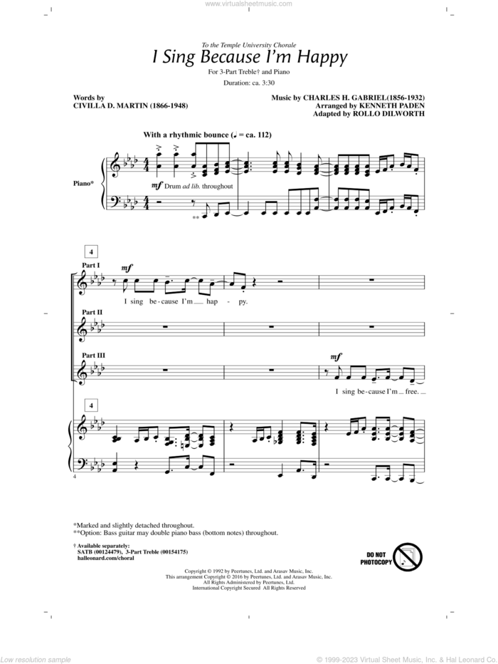 I Sing Because I'm Happy sheet music for choir (3-Part Treble) by Charles H. Gabriel, Rollo Dilworth, Georgia Mass Choir, Civilla D. Martin and Kenneth Paden (arr.), intermediate skill level
