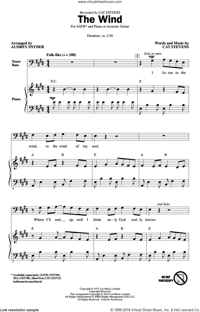 The Wind sheet music for choir (SATB: soprano, alto, tenor, bass) by Cat Stevens and Audrey Snyder, intermediate skill level