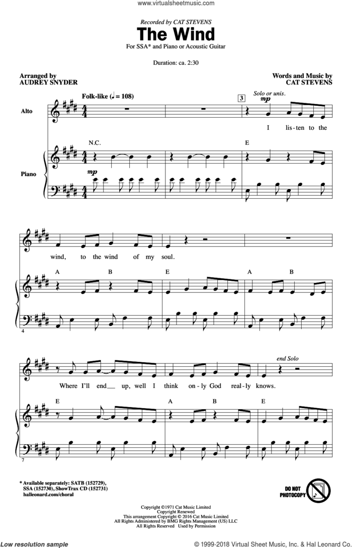 The Wind sheet music for choir (SSA: soprano, alto) by Cat Stevens and Audrey Snyder, intermediate skill level