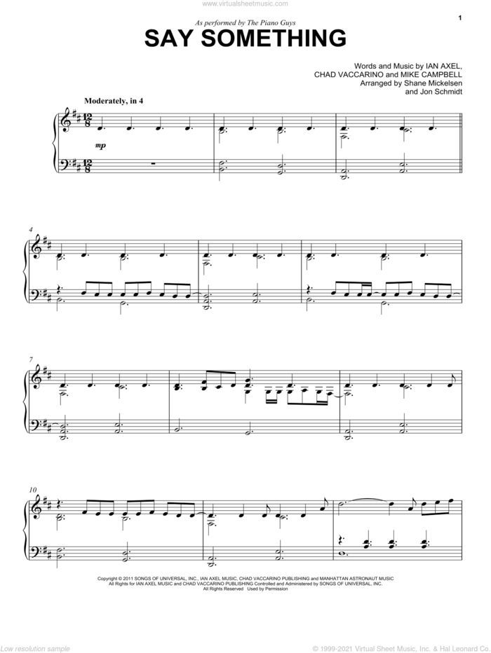 Say Something sheet music for cello and piano by The Piano Guys, A Great Big World, Chad Vaccarino, Ian Axel and Mike Campbell, intermediate skill level
