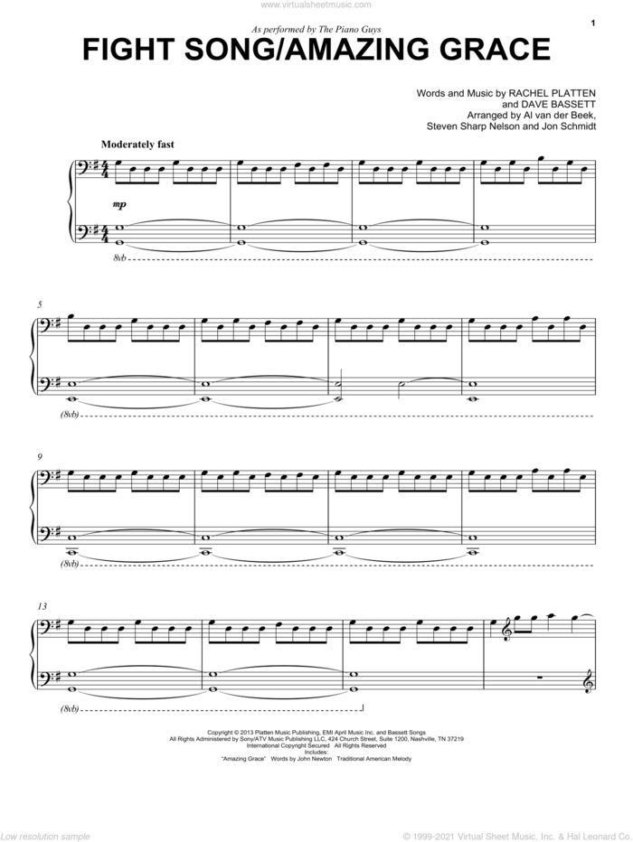 Fight Song/Amazing Grace sheet music for cello and piano by The Piano Guys, Dave Bassett and Rachel Platten, intermediate skill level