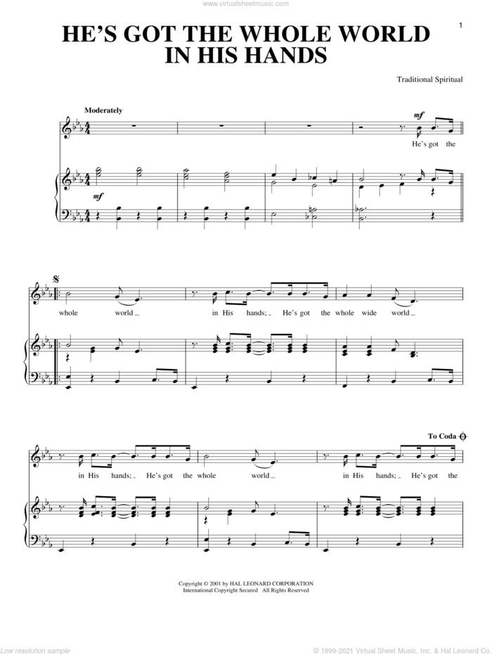 He's Got The Whole World In His Hands sheet music for voice and piano, intermediate skill level