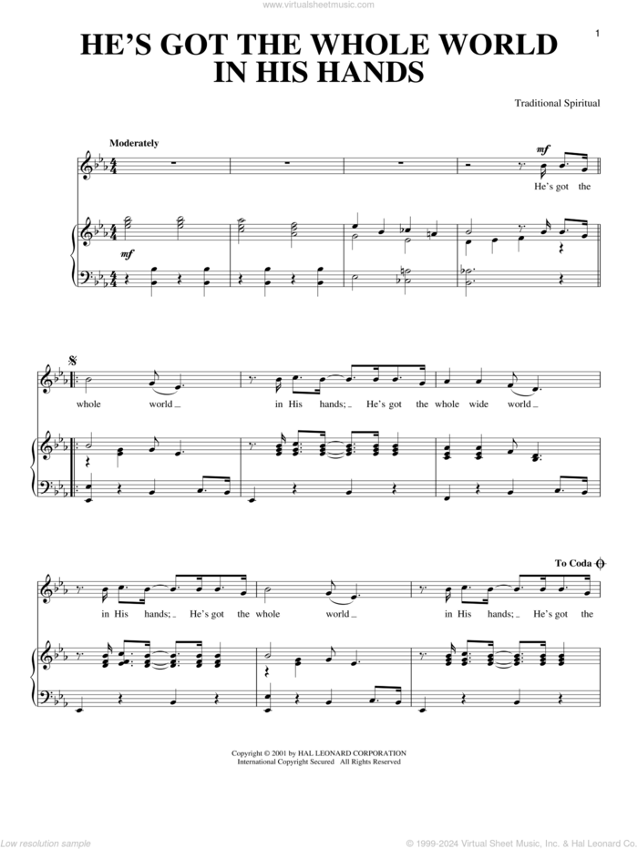 He's Got The Whole World In His Hands sheet music for voice and piano, intermediate skill level