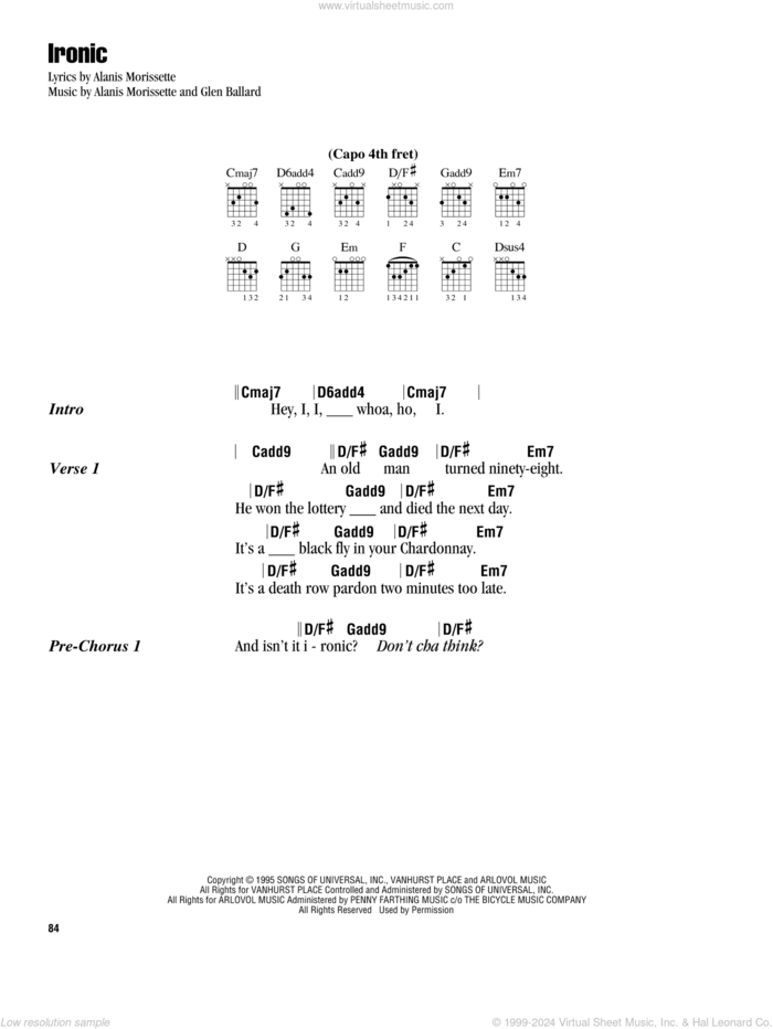 Ironic sheet music for guitar (chords) by Alanis Morissette and Glen Ballard, intermediate skill level