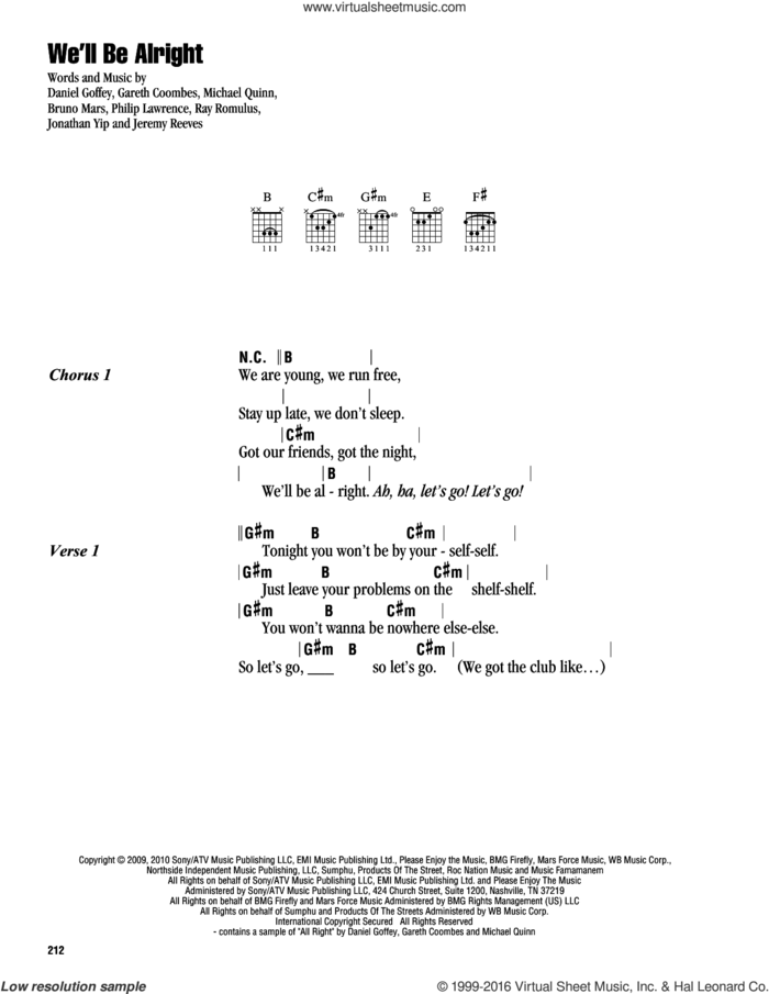 We'll Be Alright sheet music for guitar (chords) by Travie McCoy, Bruno Mars, Daniel Goffey, Gareth Coombes, Jeremy Reeves, Jonathan Yip, Michael Quinn, Philip Lawrence and Ray Romulus, intermediate skill level