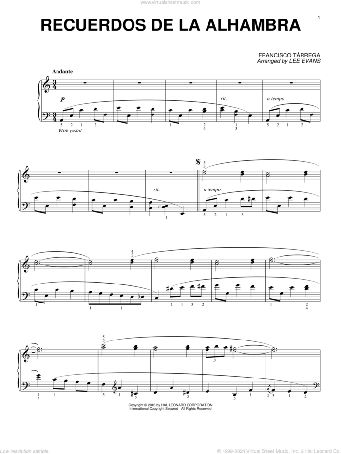 Recuerdos de la Alhambra (arr. Lee Evans) sheet music for piano solo by Francisco Tarrega and Lee Evans, classical score, intermediate skill level