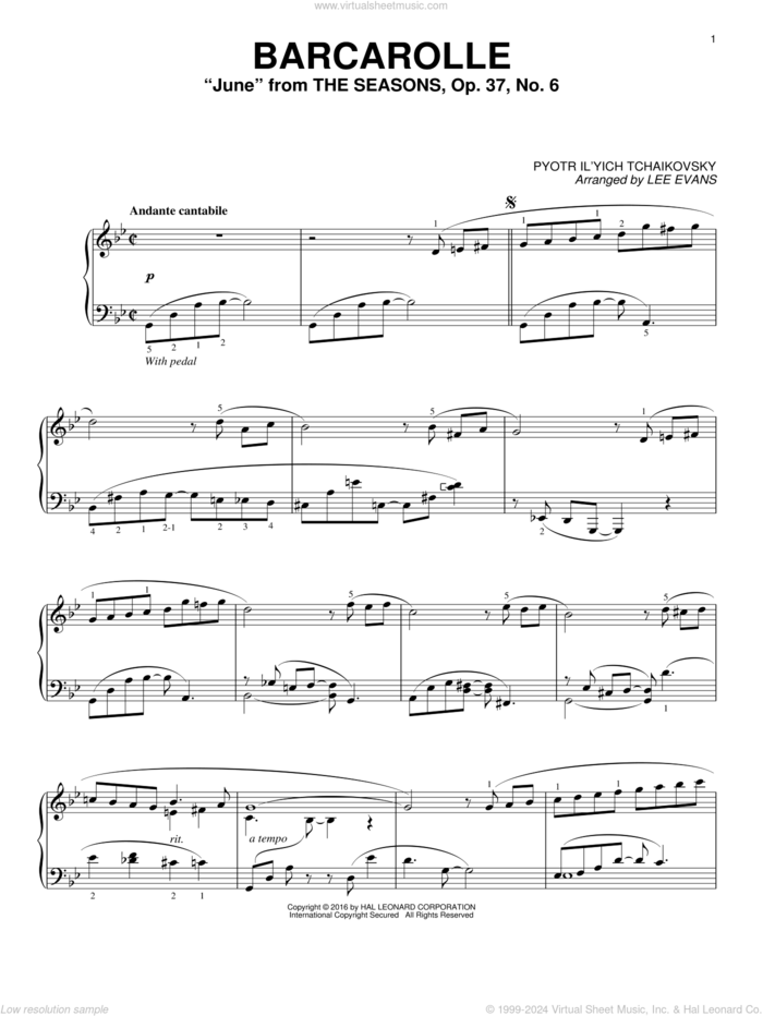 Barcarolle In G Minor ('June'), Op. 37, No. 6 (arr. Lee Evans) sheet music for piano solo by Pyotr Ilyich Tchaikovsky and Lee Evans, classical score, intermediate skill level