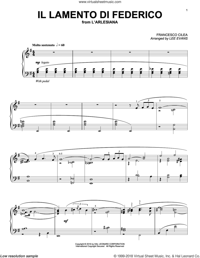 ll lamento di Federico (arr. Lee Evans) sheet music for piano solo by Lee Evans, Luciano Pavarotti and Francesco Cilea, classical score, intermediate skill level
