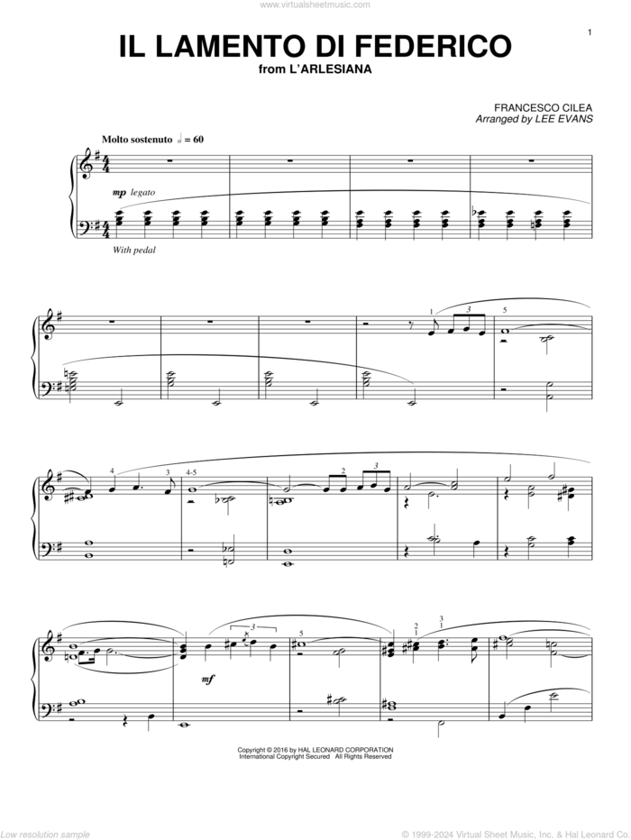 ll lamento di Federico (arr. Lee Evans) sheet music for piano solo by Lee Evans, Luciano Pavarotti and Francesco Cilea, classical score, intermediate skill level