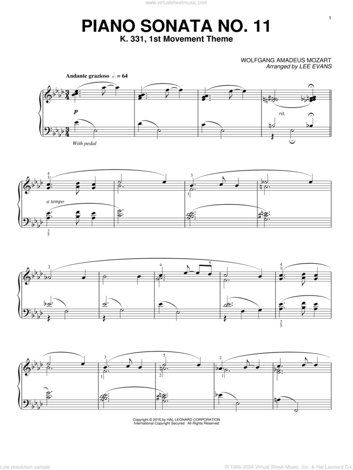 Piano Sonata In A Major, K.331, 1st Movement sheet music for piano solo by Wolfgang Amadeus Mozart and Lee Evans, classical score, intermediate skill level