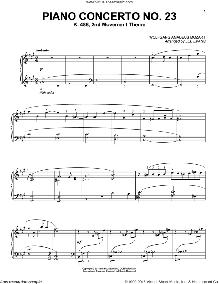 Piano Concerto In A Major, K.488, 2nd Movement sheet music for piano solo by Wolfgang Amadeus Mozart and Lee Evans, classical score, intermediate skill level