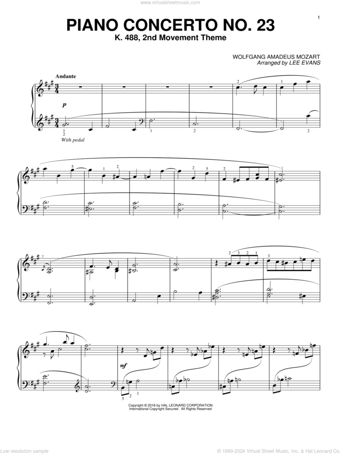 Piano Concerto In A Major, K.488, 2nd Movement sheet music for piano solo by Wolfgang Amadeus Mozart and Lee Evans, classical score, intermediate skill level