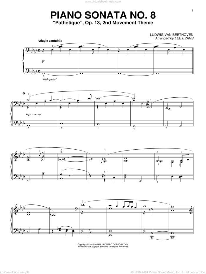 Piano Sonata No. 8, Op. 13 ('Pathetique'), 2nd Movement (arr. Lee Evans) sheet music for piano solo by Ludwig van Beethoven and Lee Evans, classical score, intermediate skill level