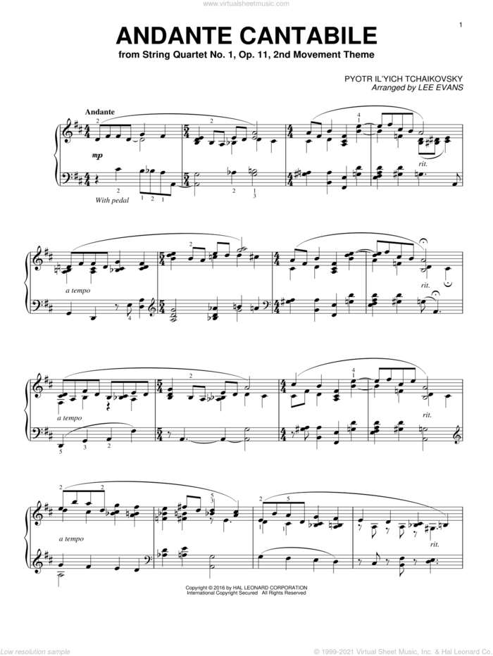 Andante Cantabile (arr. Lee Evans) sheet music for piano solo by Pyotr Ilyich Tchaikovsky and Lee Evans, classical score, intermediate skill level