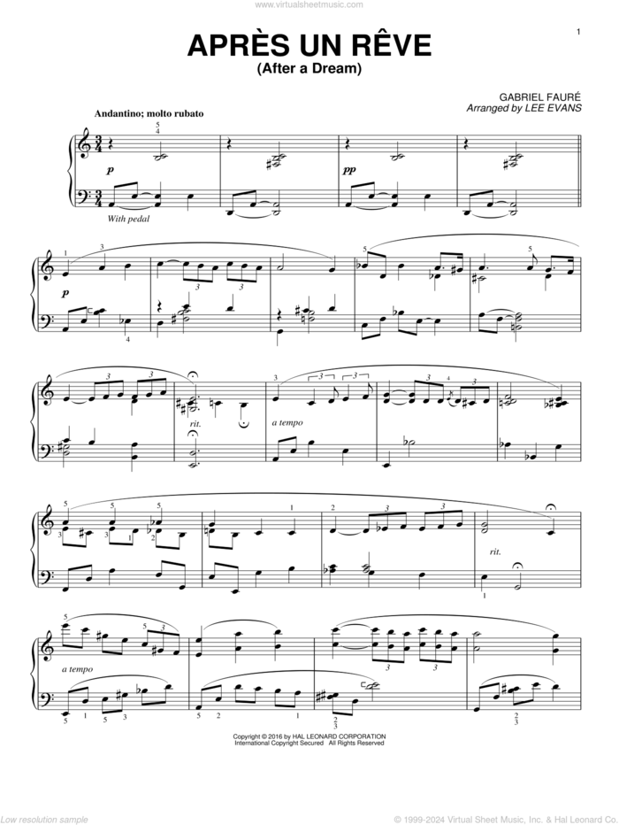 Apres un reve (arr. Lee Evans) sheet music for piano solo by Gabriel Faure and Lee Evans, classical score, intermediate skill level