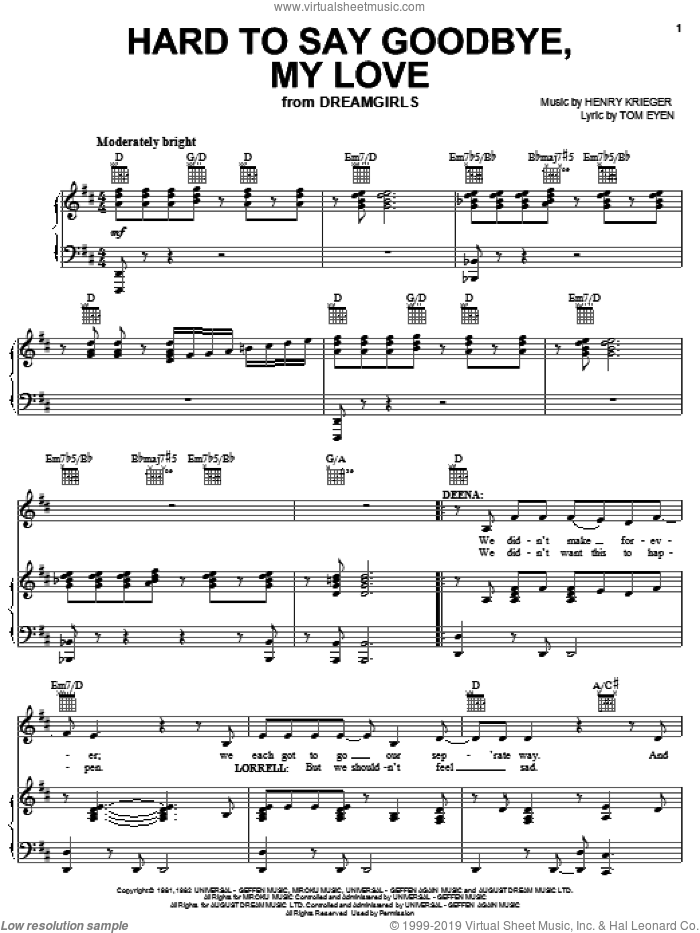Hard To Say Goodbye, My Love sheet music for voice, piano or guitar by Tom Eyen, Dreamgirls (Musical) and Henry Krieger, intermediate skill level