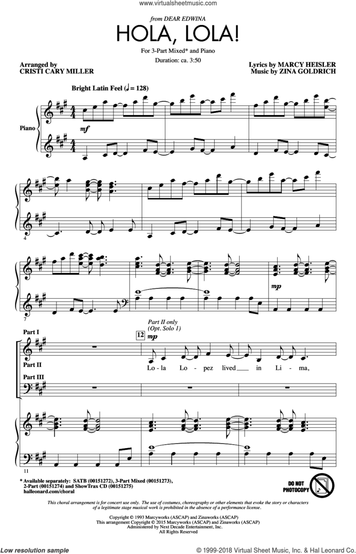 Hola, Lola! sheet music for choir (3-Part Mixed) by Cristi Cary Miller, Marcy Heisler and Zina Goldrich, intermediate skill level