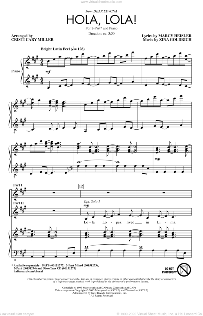 Hola, Lola! sheet music for choir (2-Part) by Cristi Cary Miller, Marcy Heisler and Zina Goldrich, intermediate duet