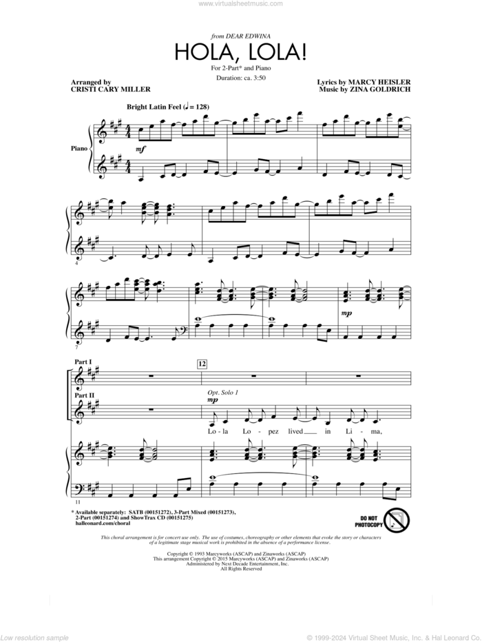 Hola, Lola! sheet music for choir (2-Part) by Cristi Cary Miller, Marcy Heisler and Zina Goldrich, intermediate duet