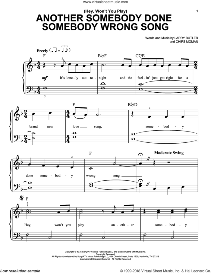 (Hey, Won't You Play) Another Somebody Done Somebody Wrong Song sheet music for piano solo by B.J. Thomas, Chips Moman and Larry Butler, beginner skill level