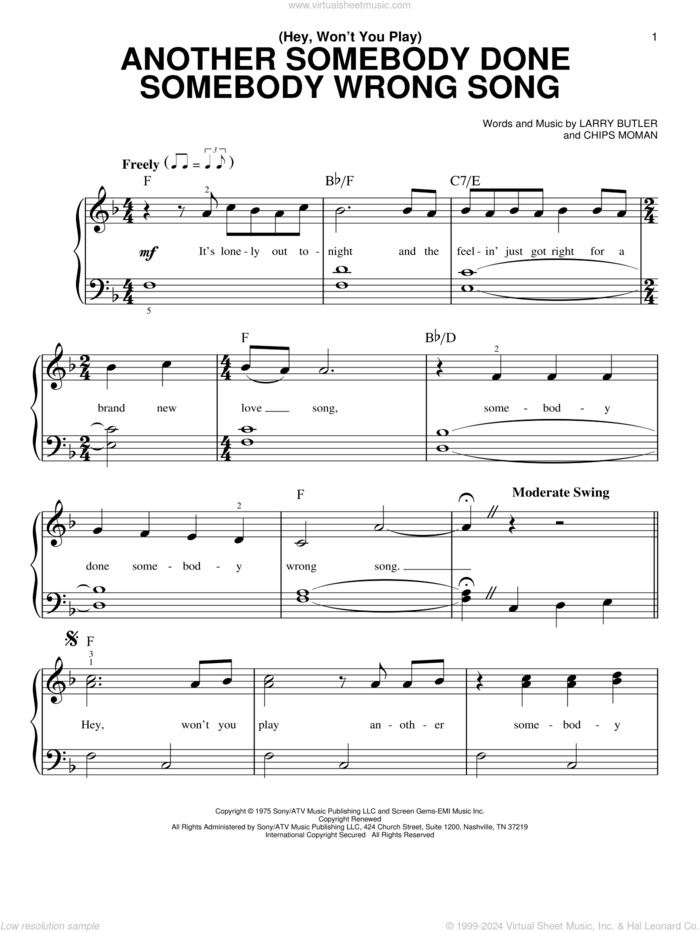 (Hey, Won't You Play) Another Somebody Done Somebody Wrong Song sheet music for piano solo by B.J. Thomas, Chips Moman and Larry Butler, beginner skill level