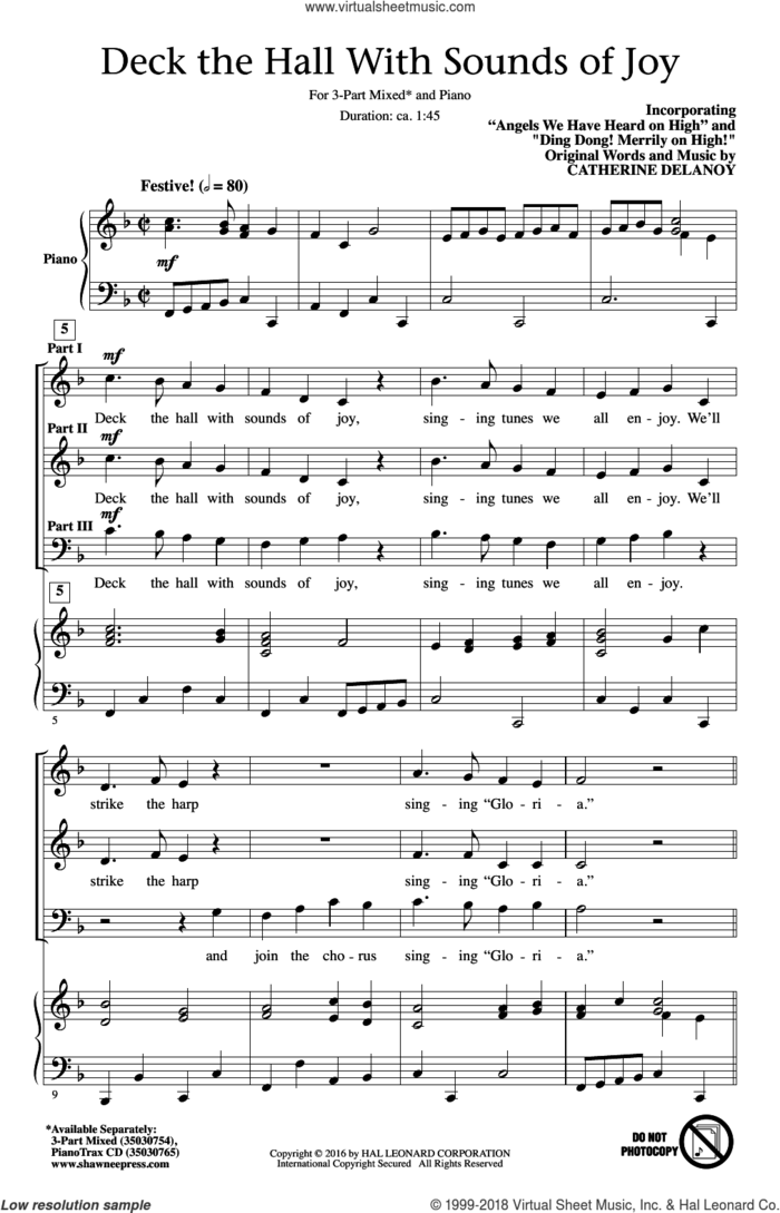 Deck The Hall With Sounds Of Joy sheet music for choir (3-Part Mixed) by Catherine Delanoy, intermediate skill level