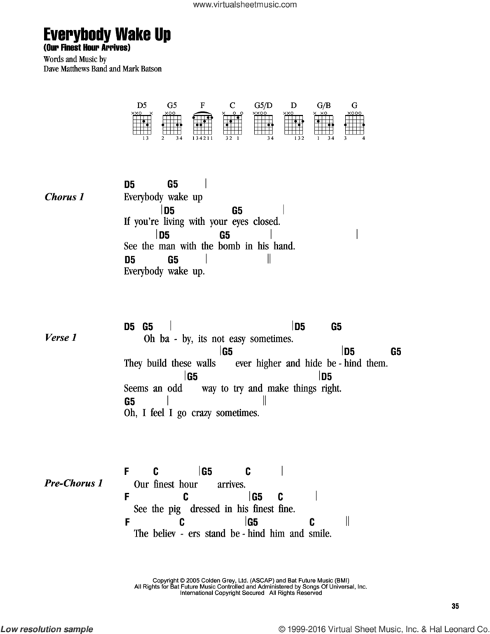 Everybody Wake Up (Our Finest Hour Arrives) sheet music for guitar (chords) by Dave Matthews Band and Mark Batson, intermediate skill level