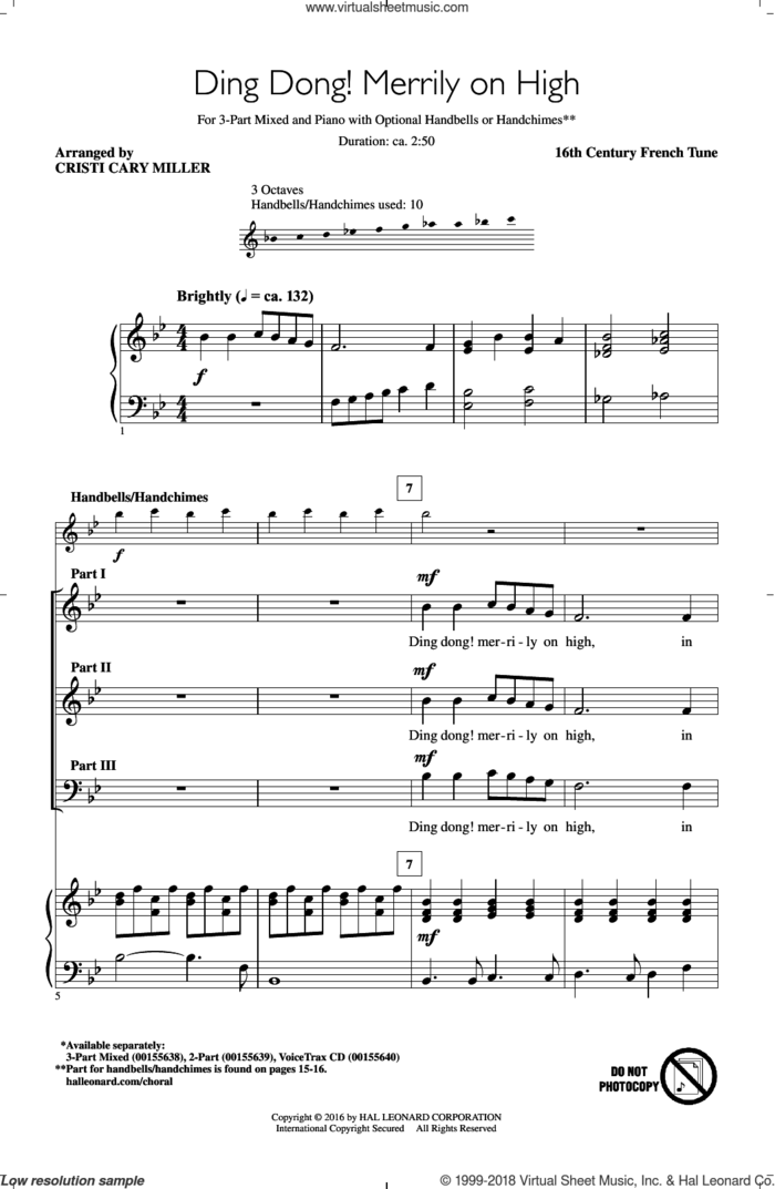 Ding Dong! Merrily On High sheet music for choir (3-Part Mixed) by Cristi Cary Miller and 16th Century French Tune, intermediate skill level