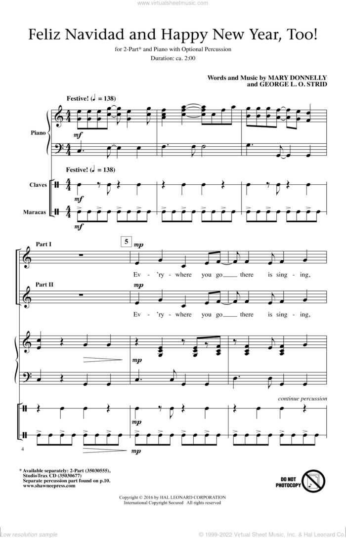 Feliz Navidad And Happy New Year, Too! sheet music for choir (2-Part) by Mary Donnelly and George L.O. Strid, intermediate duet