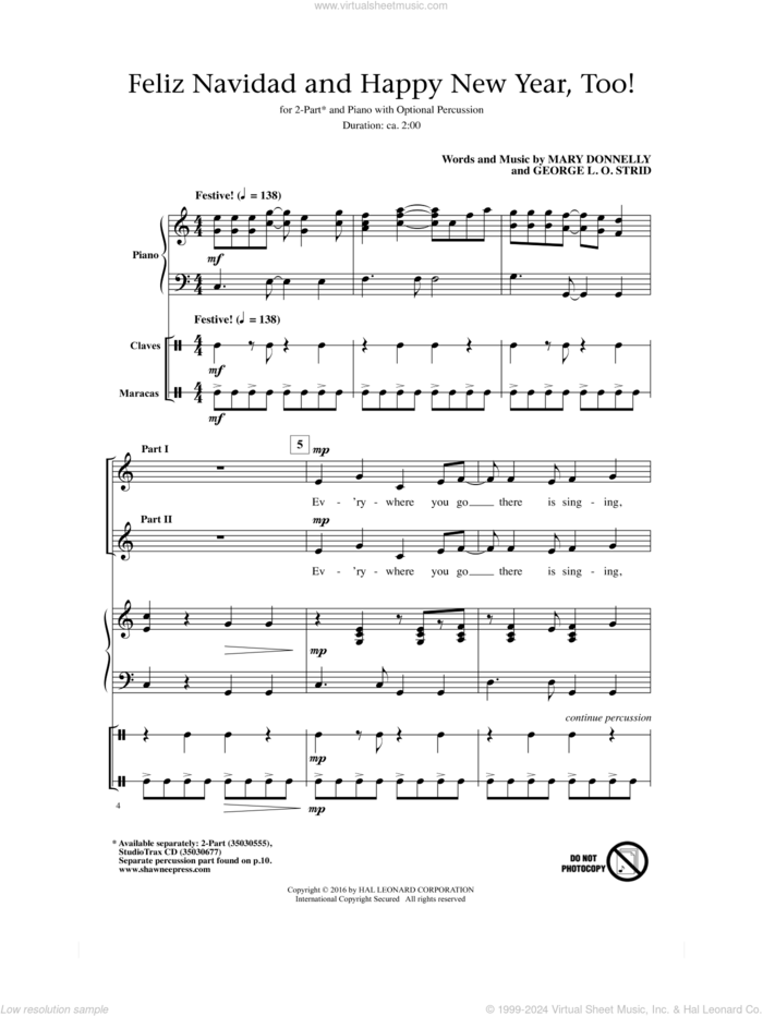 Feliz Navidad And Happy New Year, Too! sheet music for choir (2-Part) by Mary Donnelly and George L.O. Strid, intermediate duet