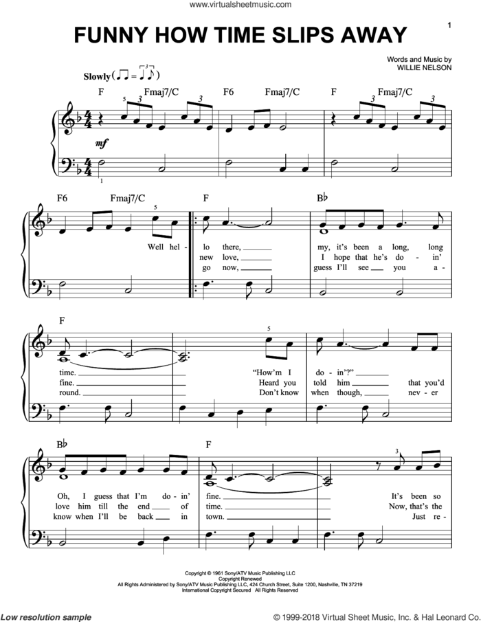 Funny How Time Slips Away sheet music for piano solo by Willie Nelson, Billy Walker, Elvis Presley, Lyle Lovett and Al Green and Narvel Felts, beginner skill level