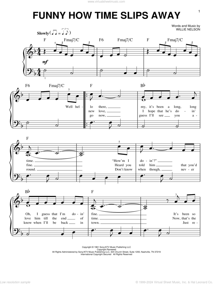 Funny How Time Slips Away sheet music for piano solo by Willie Nelson, Billy Walker, Elvis Presley, Lyle Lovett and Al Green and Narvel Felts, beginner skill level