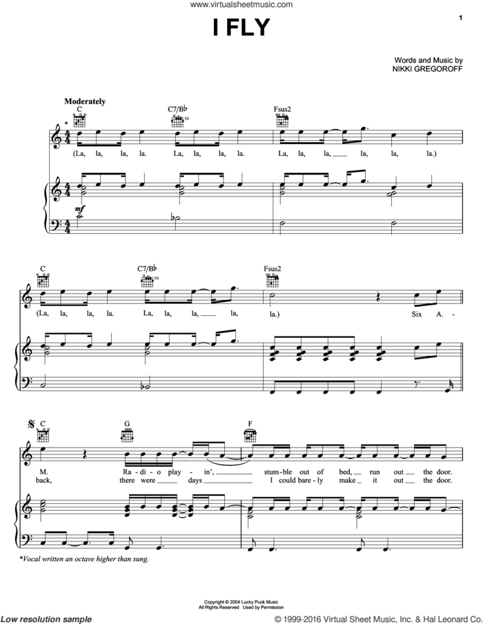 I Fly sheet music for voice, piano or guitar by Hayden Panettiere and Nikki Gregoroff, intermediate skill level