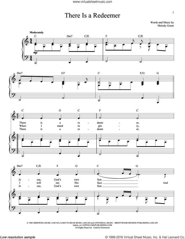 There Is A Redeemer sheet music for voice and piano by Melody Green and Keith Green, intermediate skill level