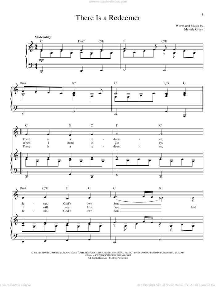 There Is A Redeemer sheet music for voice and piano by Melody Green and Keith Green, intermediate skill level