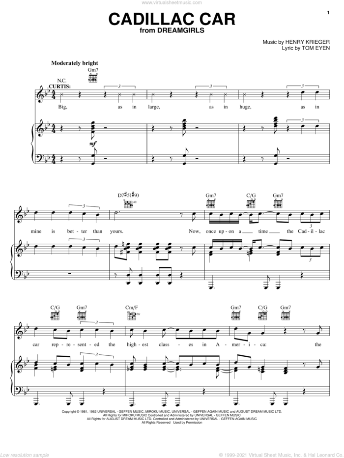 Cadillac Car sheet music for voice, piano or guitar by Tom Eyen, Dreamgirls (Musical) and Henry Krieger, intermediate skill level