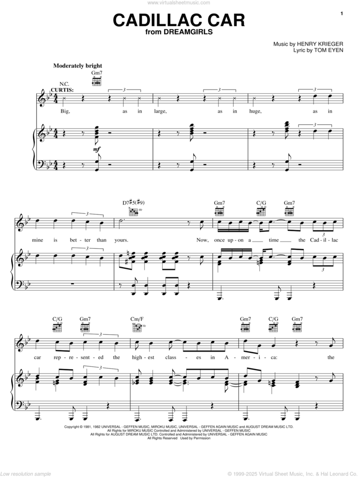 Cadillac Car sheet music for voice, piano or guitar by Tom Eyen, Dreamgirls (Musical) and Henry Krieger, intermediate skill level