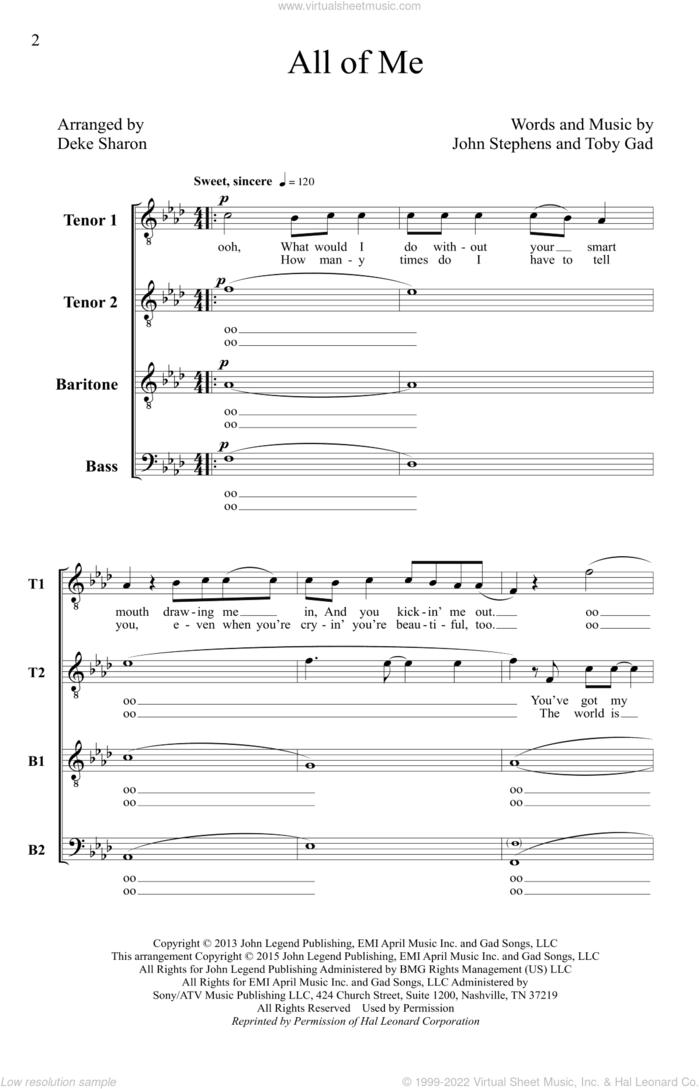 All Of Me (arr. Deke Sharon) sheet music for choir (TTBB: tenor, bass) by Toby Gad, Deke Sharon, Anne Raugh, John Legend and John Stephens, wedding score, intermediate skill level