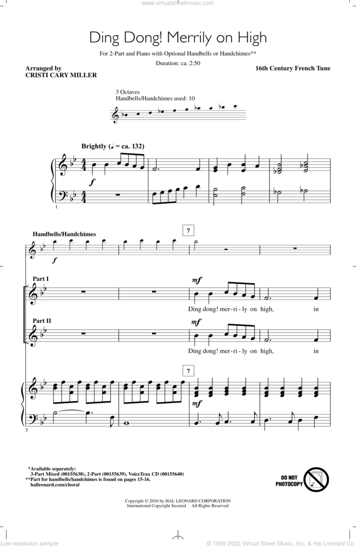 Ding Dong! Merrily On High sheet music for choir (2-Part) by Cristi Cary Miller and 16th Century French Tune, intermediate duet