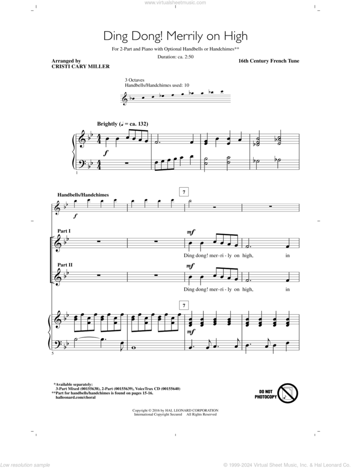 Ding Dong! Merrily On High sheet music for choir (2-Part) by Cristi Cary Miller and 16th Century French Tune, intermediate duet