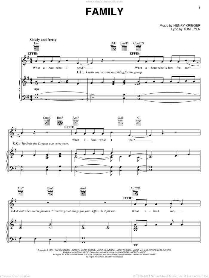 Family sheet music for voice, piano or guitar by Tom Eyen, Dreamgirls (Movie), Dreamgirls (Musical) and Henry Krieger, intermediate skill level