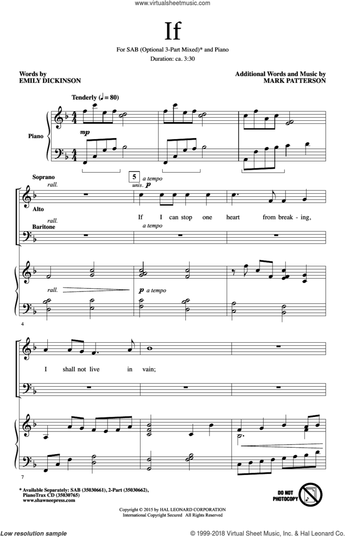 If sheet music for choir (SAB: soprano, alto, bass) by Emily Dickinson and Mark Patterson, intermediate skill level