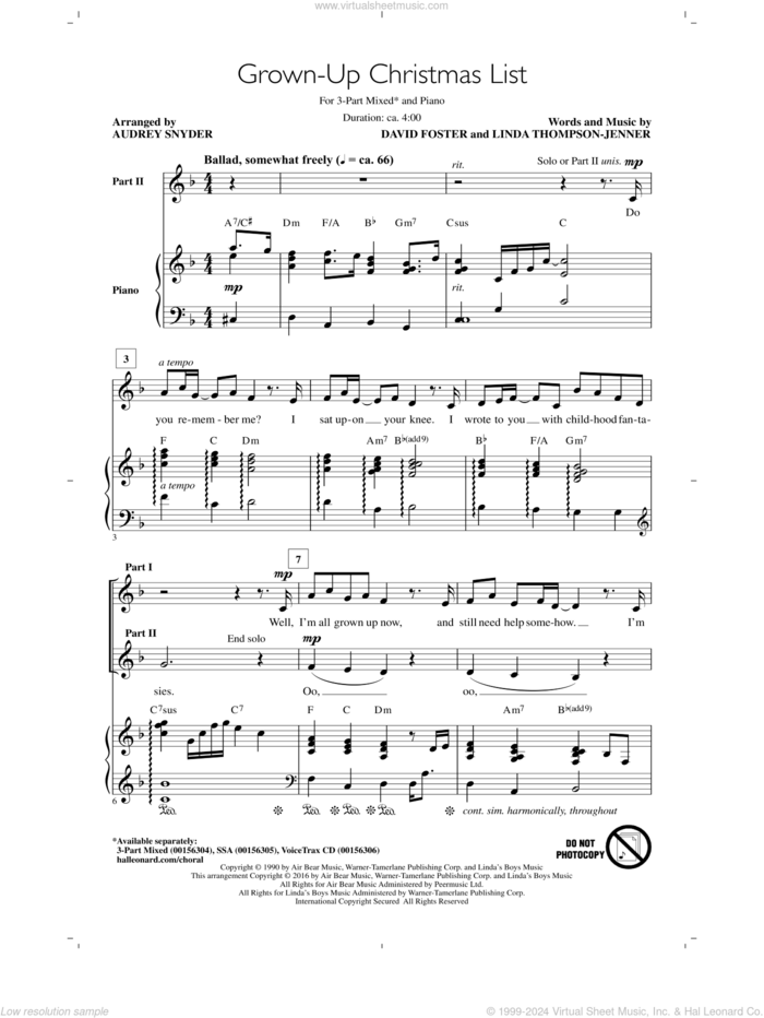 Grown-Up Christmas List (arr. Audrey Snyder) sheet music for choir (3-Part Mixed) by David Foster, Audrey Snyder, Amy Grant and Linda Thompson-Jenner, intermediate skill level