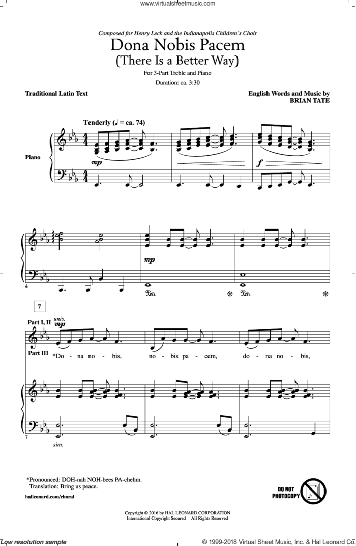 Dona Nobis Pacem (There Is A Better Way) sheet music for choir (3-Part Treble) by Brian Tate and Miscellaneous, intermediate skill level