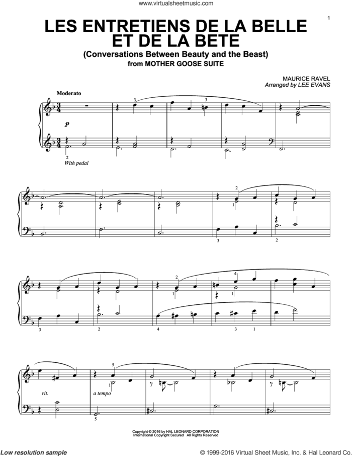 Les entretiens de la belle et de la bete (Conversations Between Beauty And The Beast) sheet music for piano solo by Maurice Ravel and Lee Evans, classical score, intermediate skill level