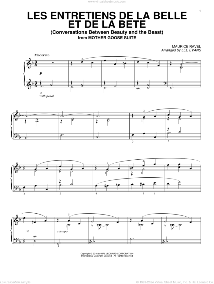 Les entretiens de la belle et de la bete (Conversations Between Beauty And The Beast) sheet music for piano solo by Maurice Ravel and Lee Evans, classical score, intermediate skill level