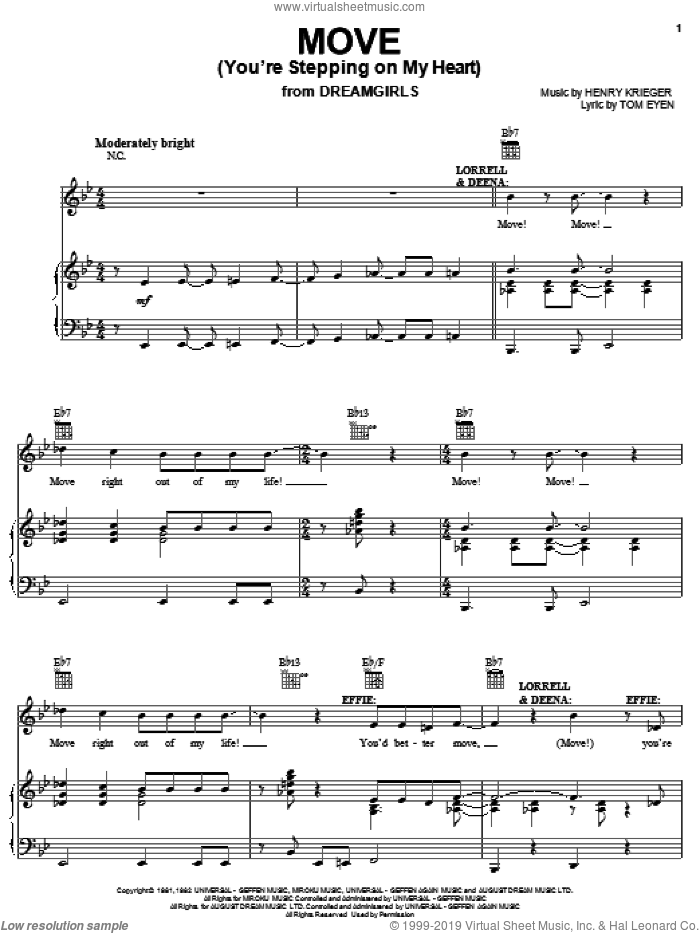Move (You're Stepping On My Heart) sheet music for voice, piano or guitar by Tom Eyen, Dreamgirls (Musical) and Henry Krieger, intermediate skill level