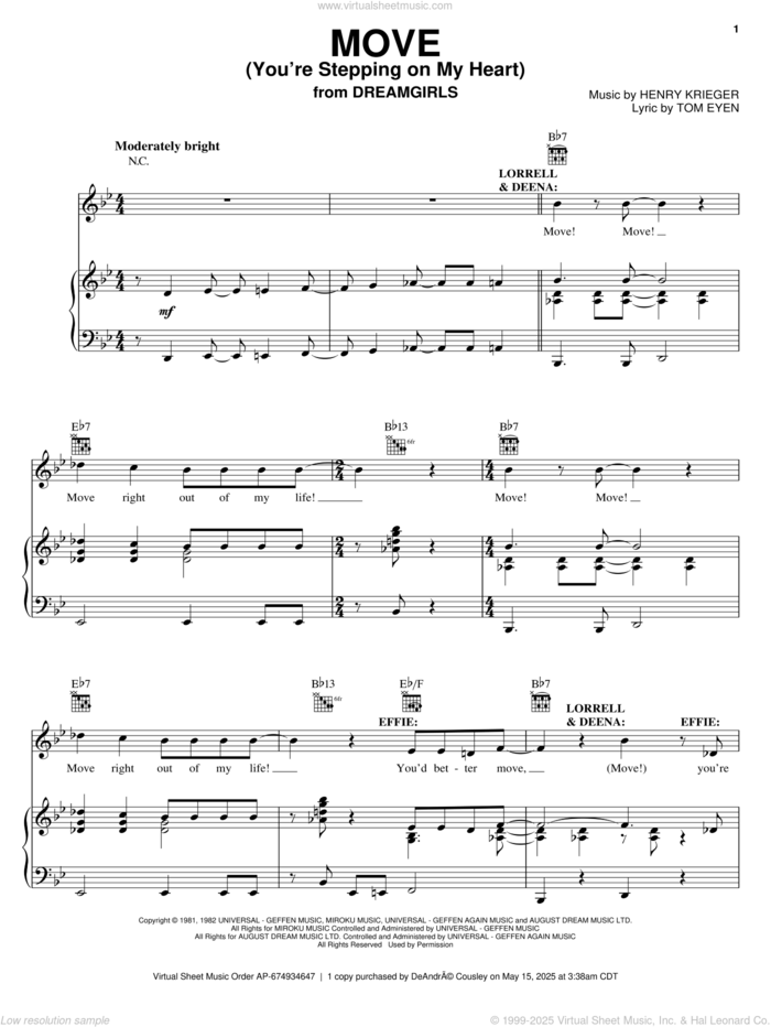 Move (You're Stepping On My Heart) sheet music for voice, piano or guitar by Tom Eyen, Dreamgirls (Musical) and Henry Krieger, intermediate skill level