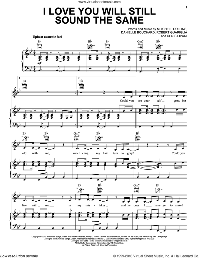 I Love You Will Still Sound The Same sheet music for voice, piano or guitar by Oh Honey, Danielle Bouchard, Denis Lipari, Mitchell Collins and Robert Guariglia, wedding score, intermediate skill level