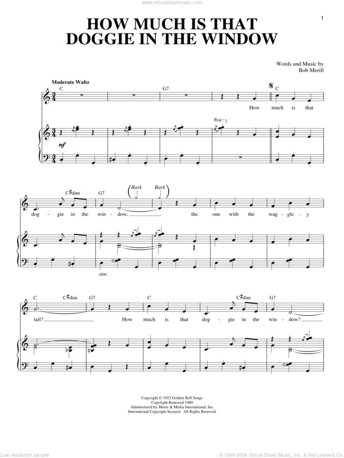 How Much Is That Doggie In The Window sheet music for voice and piano by Bob Merrill, Baby Jane & The Rockabyes and Louise Lerch, intermediate skill level